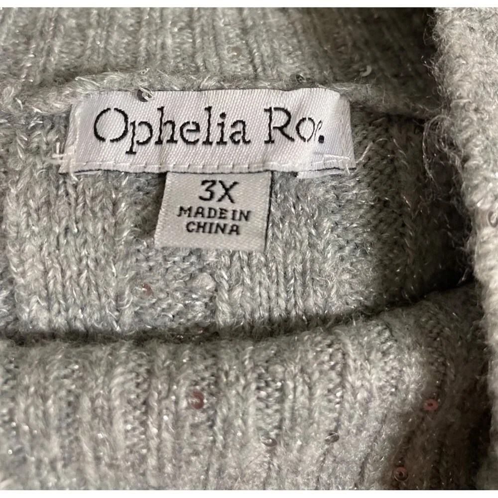 Ophelia Roe Gray Ribbed Knit Sweater Dress Sequins & High Neckline Womens Size 3 - Picture 7 of 9